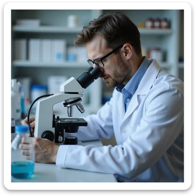 realistic doctor in lab coat observing fecal sample under microscope for parasite research, slides and lab instruments visible, clinical environment sticker