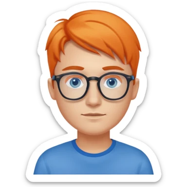 A young UX UI designer with blue eyes and semi orange side part sticker