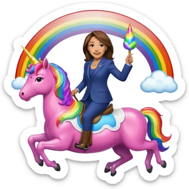 Kamala Harris and donald trump riding a rainbow unicorn sticker