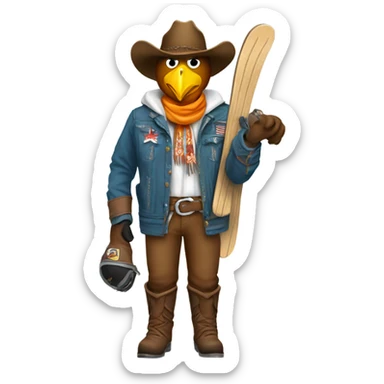 Skiier wearing cowboy gear with an eagles logo sticker