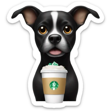 A dog holding a star bucks cup and the dog is black and has a bow on her head sticker