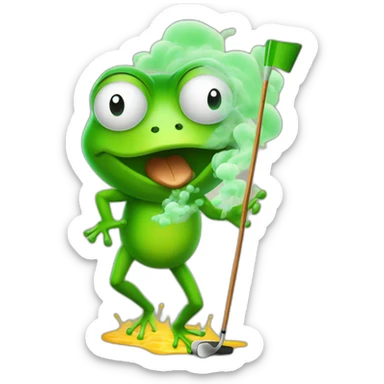 farting frog with green gases floating behind playing golf sticker
