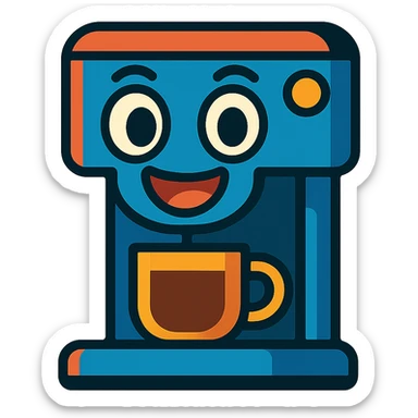 a coffee machine with big eyes and a smiling mouth, personified, showing happiness sticker