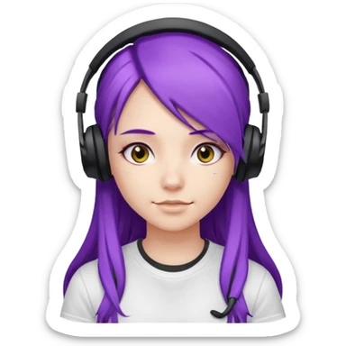 Gamer Girl with black Headset + long Purple Hair, white T-shirt sticker