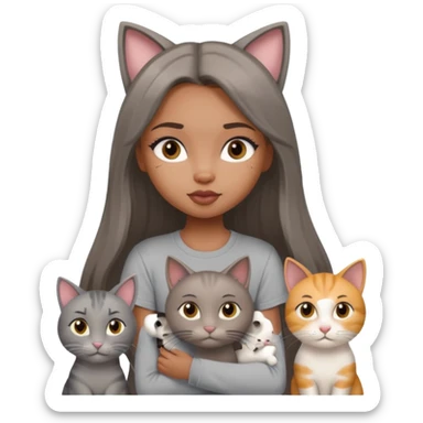 a pretty bratz dusky girl with long straight hair with four cats nd wearing a grey tshirt sticker