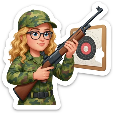 Target practice Green hunting woman with glasses and long blonde curly hair carrying a rifle sticker