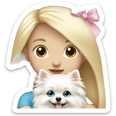 Blond girl white skin blue eyes hugging white Pomeranian with light pink bow sticker