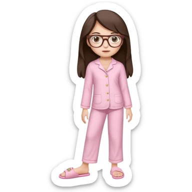 Girl age 20 years old with dark brown long hair, light skin, brown eyes, wearing a miu miu glasses the brown ones, and wearing a top in white with a pair of pyjama pants in pink and it's mocked in light pink too and a slipper in white and she looks pretty  sticker