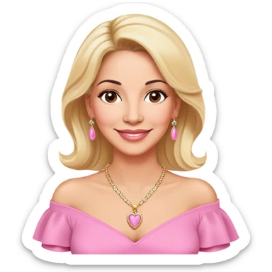 Warm-hearted Linette Torres, Puerto Rican actress in her 50s with light skin, loving expression, gentle eyes, sweet smile, elegant blonde hair, wearing a pink off-shoulder blouse and a pendant necklace sticker