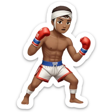 ​Cinematic Realistic Traditional Muay Thai Fighter, depicted in authentic attire featuring white bandaged gloves wrapped around his fists, a traditional headband tied neatly, and classic Muay Thai shorts, captured in a dynamic fighting stance under dramatic, high-energy lighting that highlights the raw power and elegance of the art, sticker