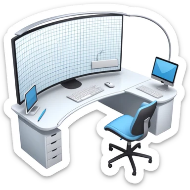 Create an emoji for 3D visualization and modeling. Show a 3D object like room model with grid lines on a big curved monitor. Add a modeling tool a mouse and stylus. Use modern, professional colors. Do not include any emojis or smiley faces. Make the background transparent. sticker
