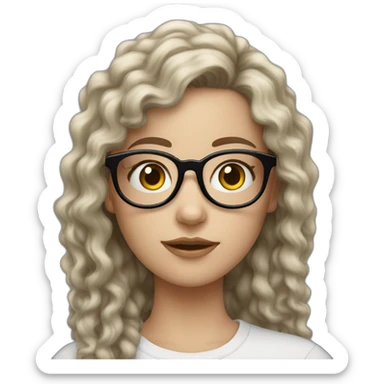 White girl with long black curly hair wearing specs sticker