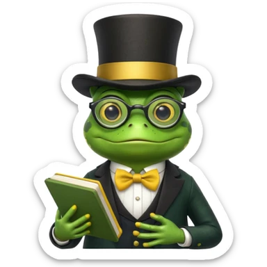 frog wearing top hat with glasses and yellow book sticker