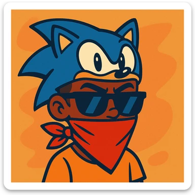 slick warm brown skinned boy with raised eyebrows, Sonic hat, sunglasses, and a bandana over his mouth, vibrant toon style sticker