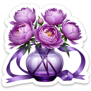 "Abstract peonies in shades of light purple and lavender, blending like soft brushstrokes. A glowing purple glass vase with surreal reflections, wrapped in a weightless, swirling satin ribbon."
 sticker