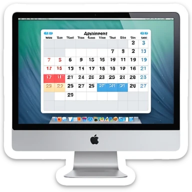 front view of an iMac with a single day-calendar on the screen, vertical hours on the left, horizontal client slots, some slots filled with color to show booked appointments sticker