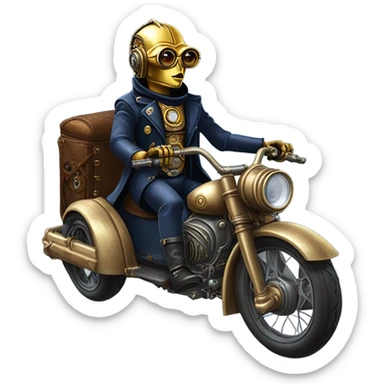 C-3PO wearing a pair of navy-blue rimmed steampunk goggles, hat, leather chaps, fringe jacket riding a fast 3 wheeler trike steampunk motorcycle on ice  sticker