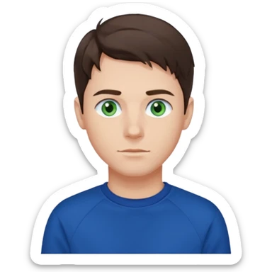 male , blue/green eyes , pale skin , brunette hair , dark blue sweatshirt sticker