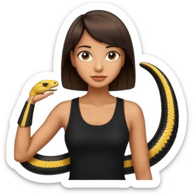 Femme brune yeux marron avec une coupe carré noir qui descend sur l'épaule , femme couleur de peau typé, avec un cobra a côté , débardeur noir sticker