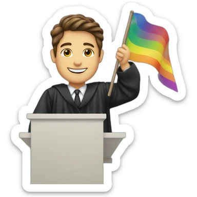 brown haired male judge waving pride flag sticker