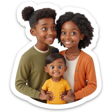 family photo showing a diverse family with two adults and a child smiling together, realistic skin, hair, and clothing textures, skeuomorphism style sticker
