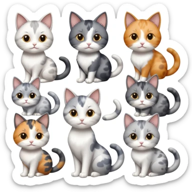 6 realistic looking cats with different natural coloured coats, assorted grey and white, greys, calico, brown and white colours etc
 sticker