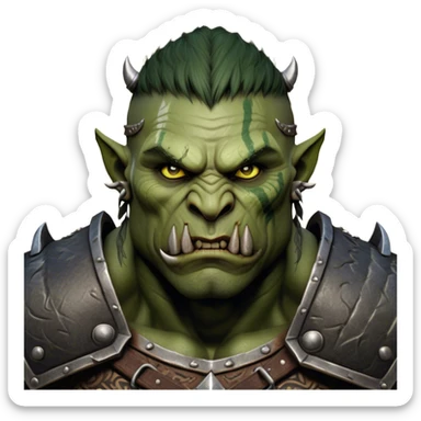 Cinematic Realistic WoW Orc Warrior Portrait, depicted with battle-scarred, rugged green skin and a powerful, muscular build that radiates primal strength. Clad in intricately detailed tribal armor accented with dark leather and iron embellishments in deep, earthy tones, his fierce eyes and determined expression exude honorable might. Rendered with lifelike texture and dramatic natural lighting, high shine, noble and formidable, capturing the essence of a legendary orc champion. sticker