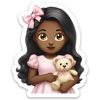 Little  babygirl with brown skin,. Long black hair, with light pink bows.  She is wearing a light pink and White dress, holding a teddybear with a pink bow. sticker