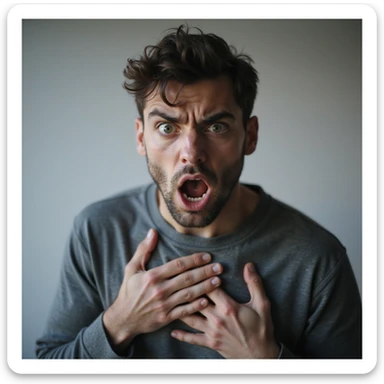 realistic 30-year-old man having an anxiety attack, gasping breath, hands on chest, terrified look, light background sticker
