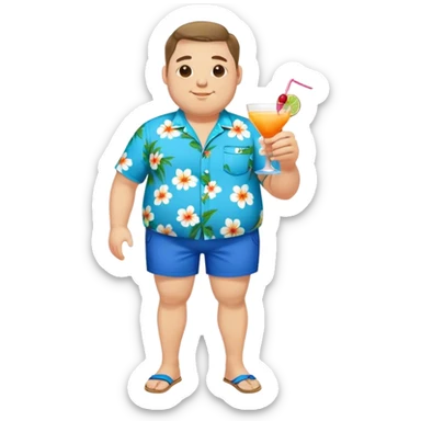 chubby guy full figure in a flowered azure havai shirt, brown shorts and flippers holding a cocktail sticker