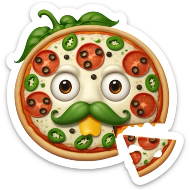 a  whole pizza with pepperonis from eyes and mushroom from the nose and green bell pepper from the mouth and mustache sticker
