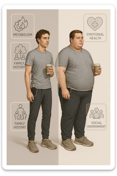 a split illustration showing two individuals with similar lifestyles but different body types. Around them, transparent overlays display factors such as metabolism, family history, emotional health, and social environment, highlighting the complexity behind body weight differences. The background is neutral and modern. realistica sticker