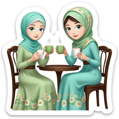 Turkish beautiful finish Konya girls blue eyes with Beautiful light green floral hijab long tail dress and the two friends in a white lovely coffeehouse sits on the chair on the ground and holds cup coffe with her hand  sticker