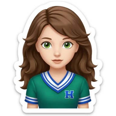 A pretty girl with blue eyes, brown long wavy hair, qnd wear green Hawkins cheerleader uniform sticker