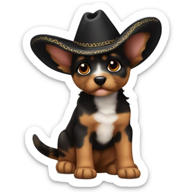 A black and brown tortoiseshell pointy ear puppy without white with pointy ears and short fur wearing a sombrero  sticker