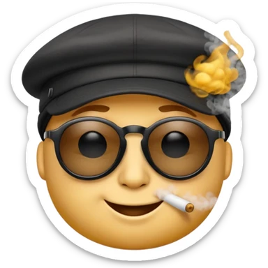A high-res yellow face emoji with black sunglasses and a backwards black cap, smirking with half-lidded eyes and exhaling soft gray-white smoke, with detailed shading, glossy lenses, and realistic smoke wisps. sticker