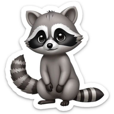 Cinematic-cute Raccoon-Realistic-hunched Full-Body on all fours-Emoji – Tail flicking lazily, head tilted dramatically, thick grey fur with a signature black mask, sharp and alert ears, simplified yet realistic focused features, highly detailed, glowing with an almost sarcastic glow. big black eyes sticker