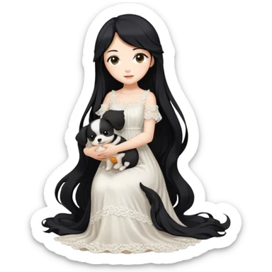 Pastel anime lady long hair with long lace dress full body holding puppy sticker