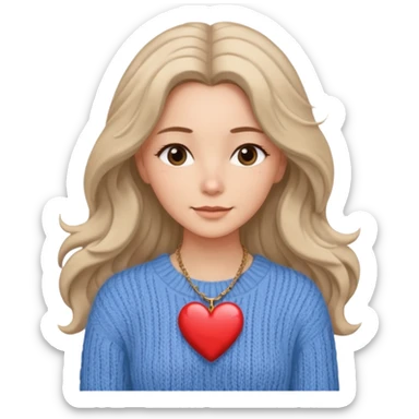 . Her skin glows warmly under the natural light, enhanced by the gentle textures of her knitted beige sweater and flowing hair. her heart-shaped necklace adds a delicate touch, while her serene expression brings a quiet strength to the portrait. The blue sky in the background.
 sticker