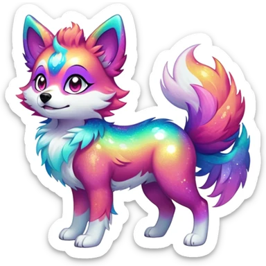 Vibrant multicolored Falvie-Fionbri-creature-sparkle-dog-fursona, full body sticker