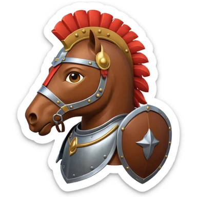 An emoji of a powerful Roman warhorse in full armor, with a feathered helmet. sticker