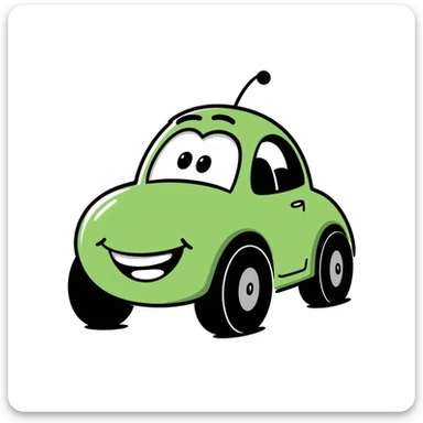 A hand-drawn green toy car with a silly grinning face and googly eyes sticker