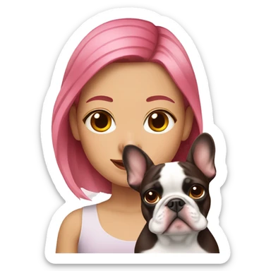  girl with pink hair holding a brown and white french bulldog  sticker