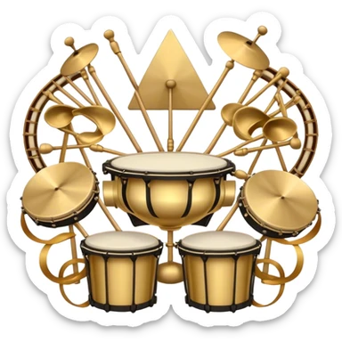Create a heraldic, festive, and professional emblem-like emoji representing percussion instruments. The design should resemble a traditional crest, featuring a variety of percussion instruments such as cymbals, triangle, tambourine, maracas, timpani, bongo drums, and other traditional folk percussion instruments. Arrange them symmetrically, with cymbals crossing each other, the triangle at the center, and timpani or bongo drums flanking the sides. Include tambourines and maracas prominently, adding rhythm and texture. A flowing ribbon of musical notes should elegantly weave through the instruments, enhancing the sense of movement and celebration. Add intricate decorative patterns on the instruments, along with ornamental swirls, laurels, or flourishes to elevate the festive and heraldic feel. The overall composition should be balanced, harmonious, and visually striking, with an elegant and professional look. The background should be transparent. sticker