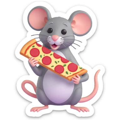 happy grey rat with a slice of pepperoni pizza sticker