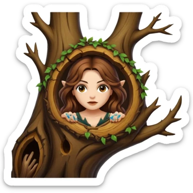 ute forest witch woman long wavy brown hair tattoos peeking from tree hollow sticker