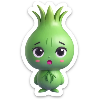 pastel kawaii 3D chibi green onion character, round white body, large expressive eyes, green leafy hair, humorous crying face with dramatic onion juice tears, silly expressive pose, smooth soft textures, high quality lighting, transparent background sticker