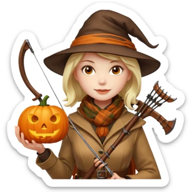 female human monster hunter emoji, wearing brown coat and hat, holding crossbow, soft smile, scarf, glowing pumpkin by her side, Halloween fantasy style, clean vector Apple emoji look, bright colors, white background, square sticker