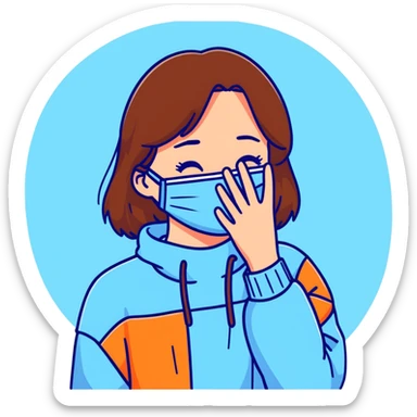 brunette girl with brown hair wearing pastel blue clothes covering her face with her hand sticker