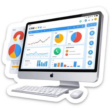 A digital CRM system interface with charts, contacts, messages, and analytics on a computer screen sticker